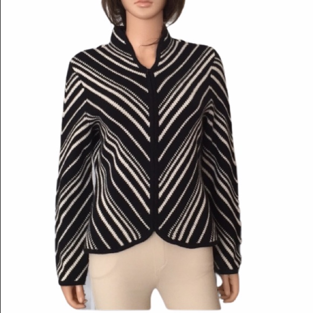 Vtg. Talbots Double Faced Striped 100% Wool Zipper Cardigan Black n White